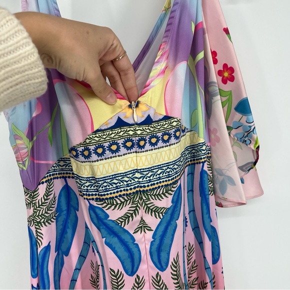 Oceanus Camille Multicolor Satin V Neck Tropical Resortwear Beach Midi Dress XL - Picture 11 of 11